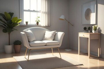 Fototapeta premium Serene modern living room with a stylish white sofa, indoor plants, and warm sunlight casting shadows across the interior