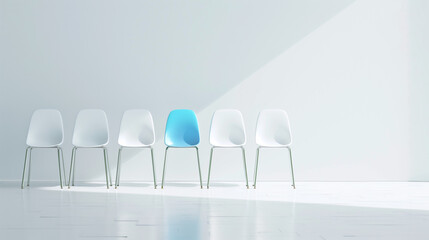 White waiting room chairs against wall with middle blue chair for uniqueness, Simple representation of standout talent or unique employee job hire selection