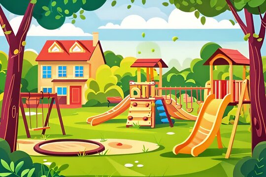 Children's playground for outdoor recreation Swings, sandboxes, gliding on green lawns near the house. Vector illustration