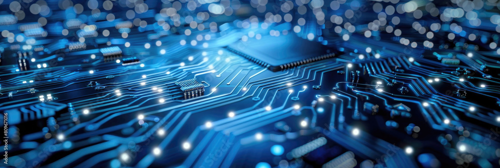 Poster computer circuit board with numerous lights illuminated, showing intricate connections and technolog
