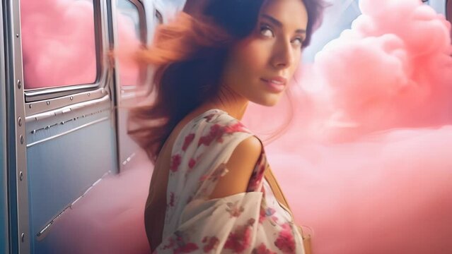 Serene portrait of a young woman with long brown hair and floral dress, enveloped by billowing pink smoke. She stands next to a train window, gazing pensively.