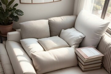 Modern living room with a cozy sofa and natural light, creating a peaceful and inviting atmosphere for relaxation