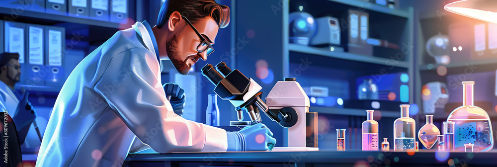 Poster a man in a lab coat is focused, examining a specimen through a microscope in a laboratory setting