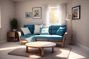 Inviting relaxation: bright and airy modern living room with a comfortable blue sofa, wooden furniture, and stylish decor