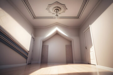 Interior of a classical house featuring a stunning ceiling medallion, vintage door accents, and elegant hardwood flooring