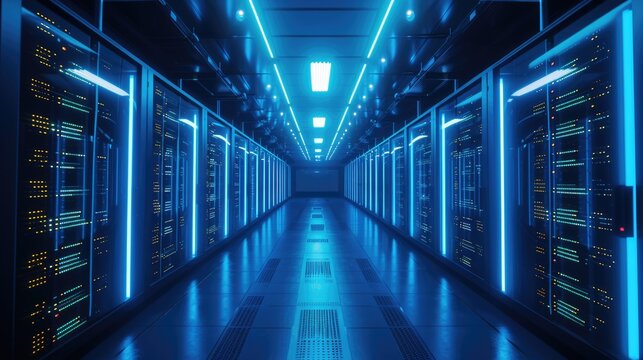 A parallel row of servers, adorned in electric blue, fills a technology-driven data center hallway with a symmetrical display of power and Azure technology. AIG41