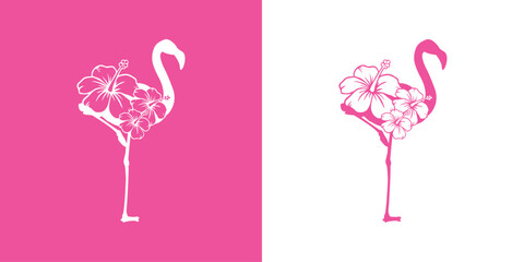 Logo vacaciones en paraíso tropical. Silueta de flamingo con flor de hibisco