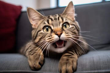 Headshot portrait photography of a smiling tabby cat scratching in front of comfy sofa