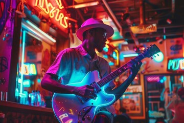 A portrait of a musician with a neon lit guitar, surrounded by vibrant neon signs in a dimly lit bar