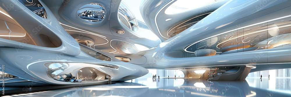 Poster a contemporary, futuristic-style building featuring numerous windows creating a sleek and vibrant fa