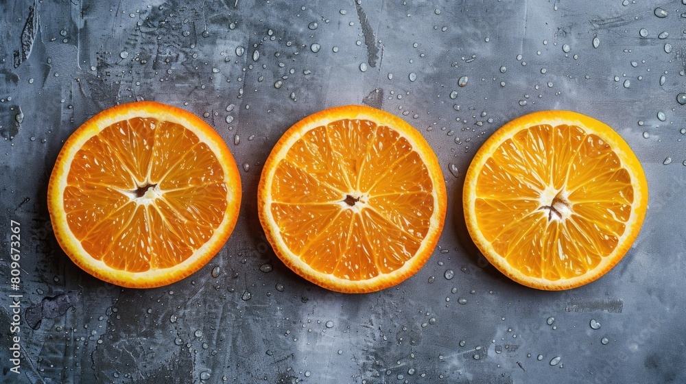 Aufkleber three orange slices in different states on a gray background represent the concepts of dehydration a