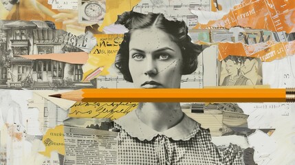 Woman holding a large pencil. Collage art.