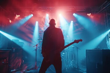 Rock concert. Guitarist on stage illuminated by spotlights.