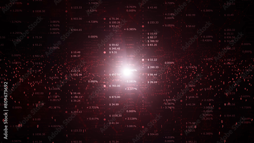Poster negative economy data index numbers. red business background with numbers in dollars and percentile 