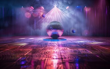 A classic disco ball radiates a warm neon glow, creating an ambiance of retro nostalgia on the dance floor. The reflective facets cast soft red lights, setting the mood for a night of dancing.