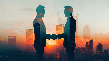 Fototapeta premium Business People Shaking Hands with City Skyline Building Background: Concept of corporate teamwork, trust partner and work agreement, Collaboration, partnership success of business deal