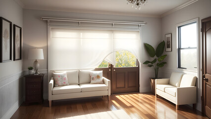 Tranquil and chic living room illuminated by natural light, showcasing sophisticated furnishings and a warm, modern design style