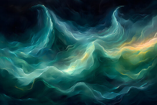 A digital artwork depicting crashing ocean waves in shades of blue and white
