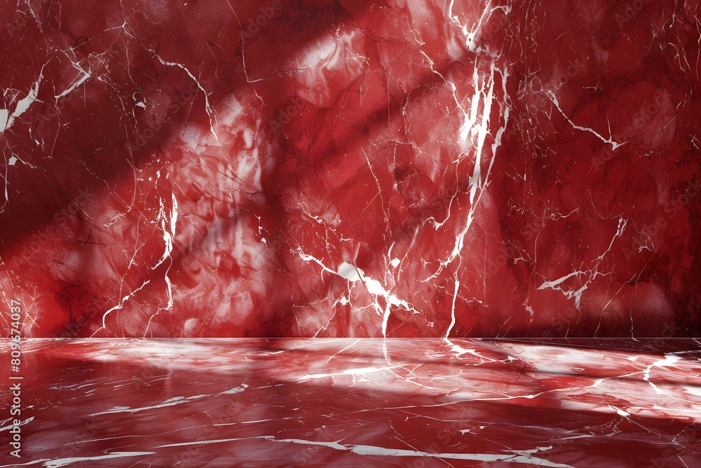 Poster red marble and white crack background with shadow and light effects. background for product presenta