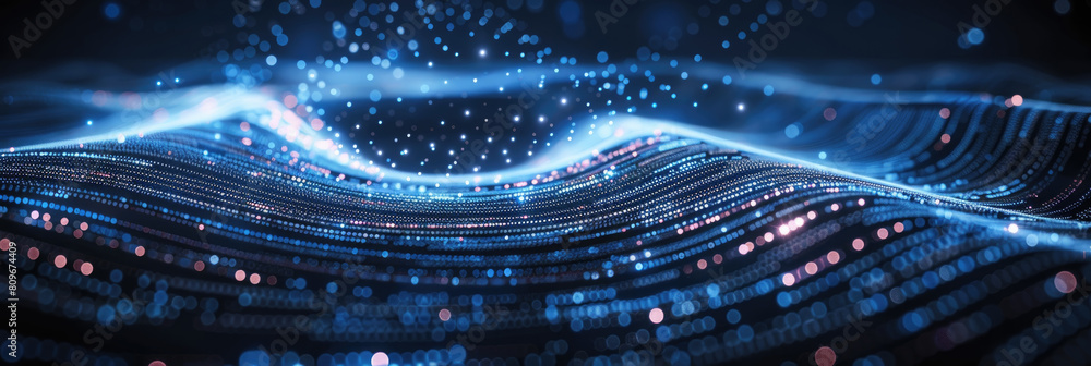 Poster a dynamic wave pattern created by alternating blue and pink lights against a black background
