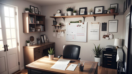 Cozy home office setup featuring a spacious wooden desk, ergonomic chair, and shelves with plants and frames in a well-lit room