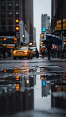 Rainy Day in NYC, Puddles on Streets Reflecting the Urban Bustle