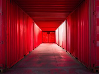 Symmetrical view of a vibrant red corridor formed by stacked shipping containers, conveying depth and repetition.