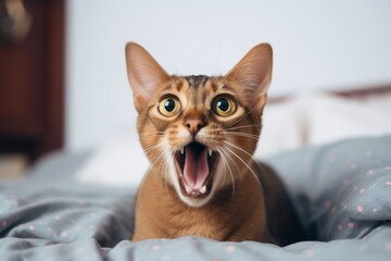 Environmental portrait photography of a bored abyssinian cat meowing in inviting bed