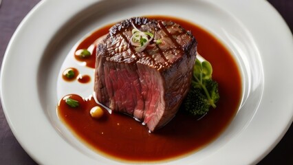 A beautifully seared gourmet beef steak topped with elegant garnish, served in a sophisticated fine dining setting. The luxurious ambiance adds to the overall exquisite culinary experience.