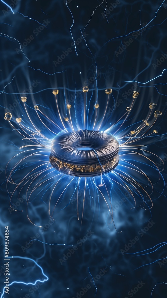 Poster a vertical image of a glowing light circle with jagged white streaks of lightning.