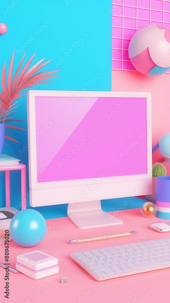 Poster a vertical image of a desktop computer and a beige keyboard on a pink desk.