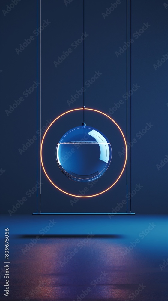 Poster a vertical image of a transparent sphere hangs from a glowing neon ring.