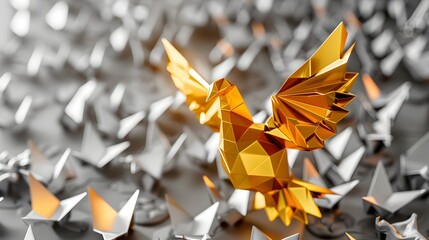 Golden Paper Phoenix Leading a Flock of Silver in Shimmering Flight Generative ai