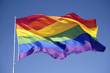 LGBTQ+ Rainbow Flag, Banner Waving, Clean Blue Sky, Equality, Pride Symbol