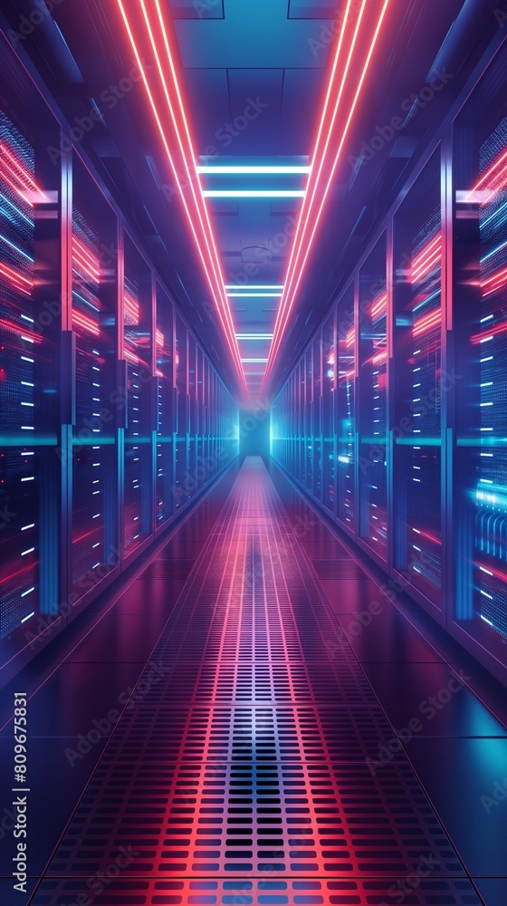 Poster a vertical image of a data center room is filled with rows of servers.