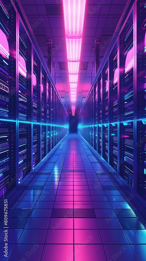 Poster a vertical image of a data center room is filled with rows of servers.