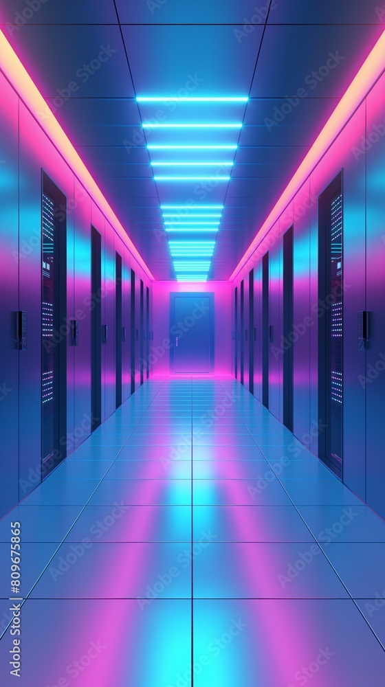 Poster a vertical image of a data center room is filled with rows of servers.
