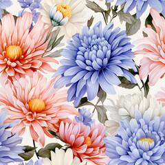 Obraz premium seamless watercolor arrangements with beautiful aster flower. Botanical illustration colorful style.
