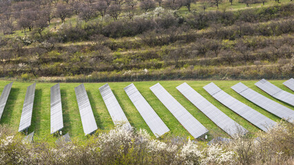 Solar array of photovoltaic panels in the field.
