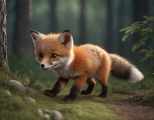 happy little fox playing in the woods, cute fox in forest, with trees and plants around,  digital art
