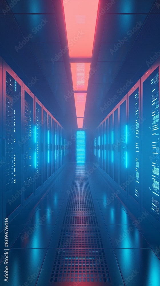 Poster a vertical image of a data center room is filled with rows of servers.