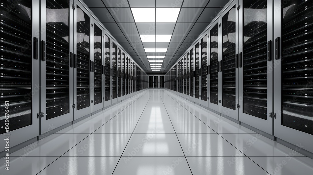 Poster a data center room is filled with rows of servers.