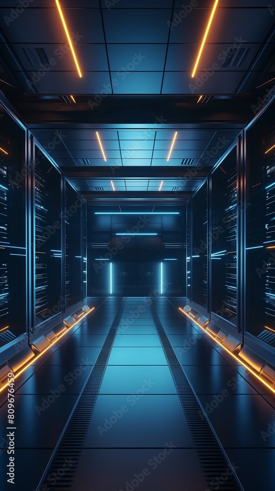 Poster a vertical image of a data center room is filled with rows of servers.