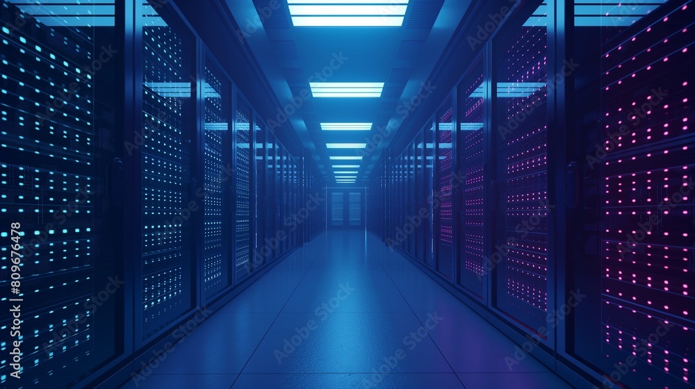Poster a data center room is filled with rows of servers.