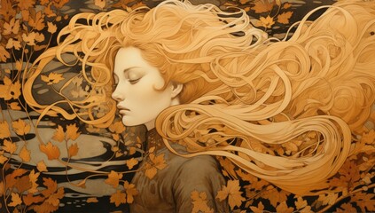 Petals of Enchantment: Elegant Woman Embraced by Golden Hair, Surrounded by a Dreamy Fantasy
