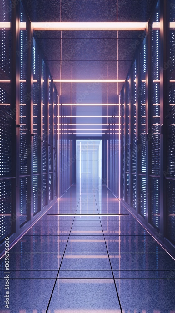 Poster a vertical image of a data center room is filled with rows of servers.