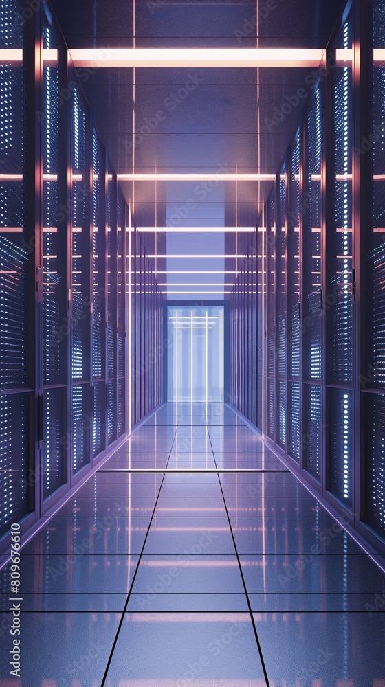 Poster a vertical image of a data center room is filled with rows of servers.
