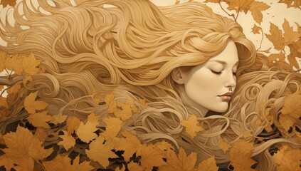 Gilded Elegance: Woman's Golden Hair Cascades Amidst a Whirl of Petals, Evoking Beauty and Fantasy