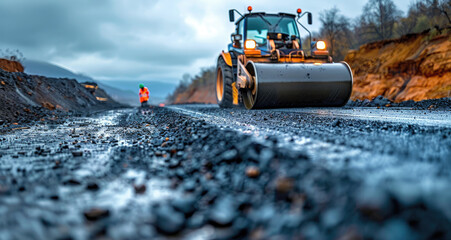 Construction site is laying new asphalt road pavement,road construction workers and road construction, asphalt roller working
