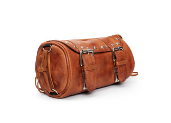tan leather motorcycle saddle bag isolated on white background